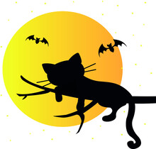  Silhouettes Of Bats And A Cat That Lies On A Tree Against The Background Of The Moon And Stars. Vector Illustration.