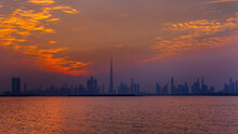 United Arab Emirates, Dubai, Silhouette Of The Skyline At Twilight