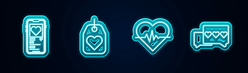 Poster - Set line Mobile with heart, Heart tag, rate and Like and. Glowing neon icon. Vector