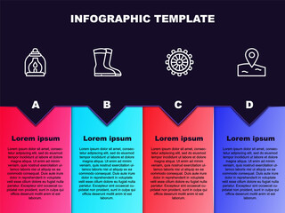 Poster - Set line Camping lantern, Fishing boots, Ship steering wheel and Location fishing. Business infographic template. Vector