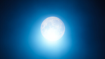 Wall Mural - Beautiful shiny full moon is glowing in the haze of dark blue sky. 3d rendered abstract lunar background