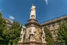 Italy, Milan, Monument To Leonardo Da Vinci On Piazza Della Scala