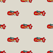 Seamless Animal Pattern With Heads Of Fantastic Dragon Monsters. Native American Animal Design Of Aztec Indians From Mexican Codex. On White Background.