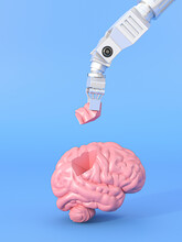 Three Dimensional Render Of Robotic Arm Assembling Human Brain