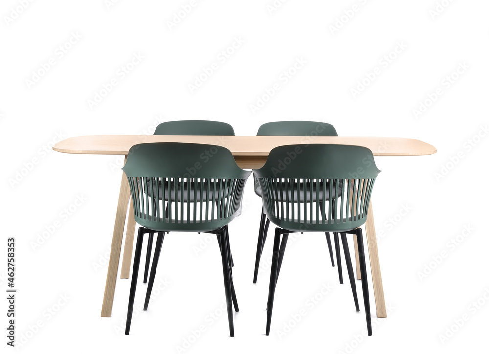 Empty dining table with modern chairs on white background