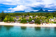 Mauritius, Black River, Flic-en-Flac, Helicopter View Of Oceanside Village Beach In Summer