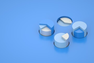 3d rendering of abstract red pie chart blocks in blue background.