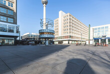 Germany, Berlin, Alexanderplatz With World Clock And Fernsehturm Berlin During COVID-19 Epidemic