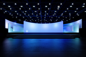 Empty stage Design for mockup and Corporate identity,Display.Platform elements in hall.Blank screen system for Graphic Resources.Scene event led night light staging,3D render.