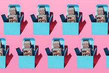Pattern Of Vintage Robot Toys In Turquoise Gift Boxes