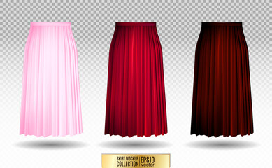 vector illustration of different model skirt on transparent background. pleated skirt mock up. pink,