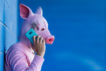 Young Man Wearing Pig Mask Talking On Phone While Leaning On Blue Wall