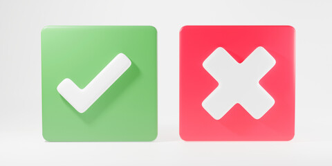 Fototapete - Green tick check mark and cross mark symbols icon element in square, Simple ok yes no graphic design on white background, right checkmark symbol accepted and rejected, 3D rendering illustration