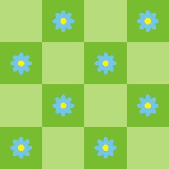 Blue flowers on green background, green checkered pattern, wallpaper, vector illustration.