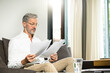 © steve brookland/Westend61 - Senior man with grey hair in modern design living room sitting on couch working on papers in home office