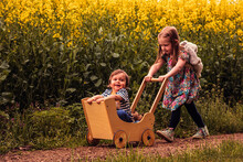 Girl With Her Brother In A Doll Buggy On A Field Way