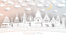 Chiang Mai Thailand City Skyline In Paper Cut Style With White Buildings, Moon And Neon Garland.