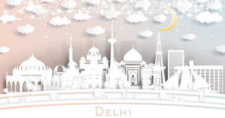 Delhi India City Skyline in Paper Cut Style with White Buildings, Moon and Neon Garland.