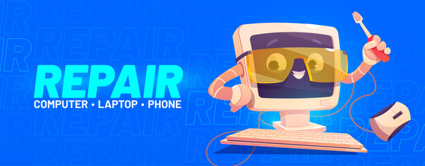 Poster - Repair banner with cute computer character with screwdriver. Vector landing page of fix and maintenance service for computer, laptop and phone with cartoon illustration of funny PC