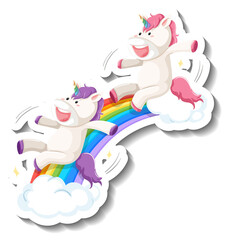 Wall Mural - Cute unicorns slide on rainbow cartoon sticker