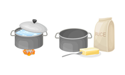 Wall Mural - Rice cooking process set. Boiling porridge and cooking ingredients vector illustration