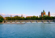 Germany, Upper Bavaria, Munich, Tower and dome of St. Luke's Church seen across Isar river
