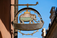 Close-up Of Elephant Sign Outside Former Pharmacy In Regensburg, Upper Palatinate, Bavaria, Germany