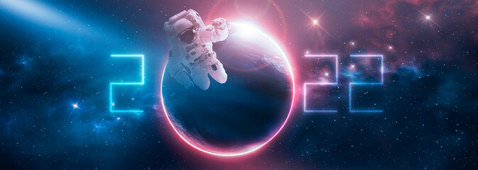 space 2022. futuristic space sci-fi abstract background with flying astronaut. neon abstract space b