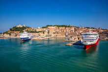 Italy, Province Of Ancona, Ancona, Cruise Ships Moored In Harbor Of Coastal City