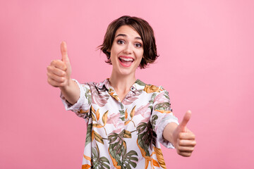 Sticker - Photo of young girl happy positive smile show thumbs-up like cool ad isolated over pink color background