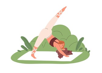 Poster - Woman practicing yoga exercises with cute dog outdoors. Happy flexible person during body stretching workout with pet, training on mat in nature. Flat vector illustration isolated on white background