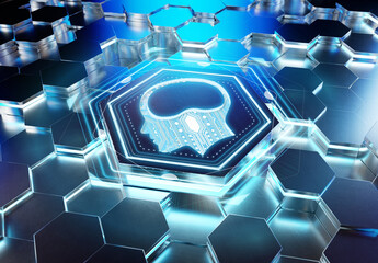 Aufkleber - Brain icon concept engraved on metal hexagonal pedestral background. Artificial intelligence symbol glowing on abstract digital surface. 3d rendering