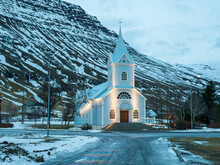 Iceland, Seydisfjordur, Seydisfjardarkirkja Church In Winter Before Sunrise