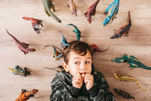 Portrait Of Anxious Little Boy Lying On The Floor Between Toy Dinosaurs
