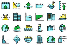 Sea Level Rise Icons Set Outline Vector. Water Nature. Climate Disaster