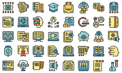 Poster - Learning management system icons set outline vector. Laptop machine. Online education