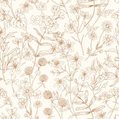 Fototapete - Flower pattern. Seamless background with floral herbs. Vintage botanical monochrome print with wild field and meadow plants. Repeatable herbal texture. Hand-drawn vector illustration in retro style