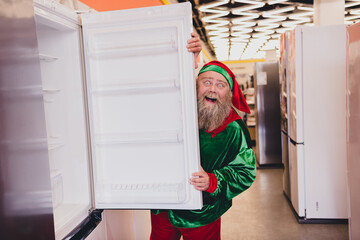 Poster - Portrait of attractive cheerful funky elf buying goods gift present newyear advent festal day at mall store indoors