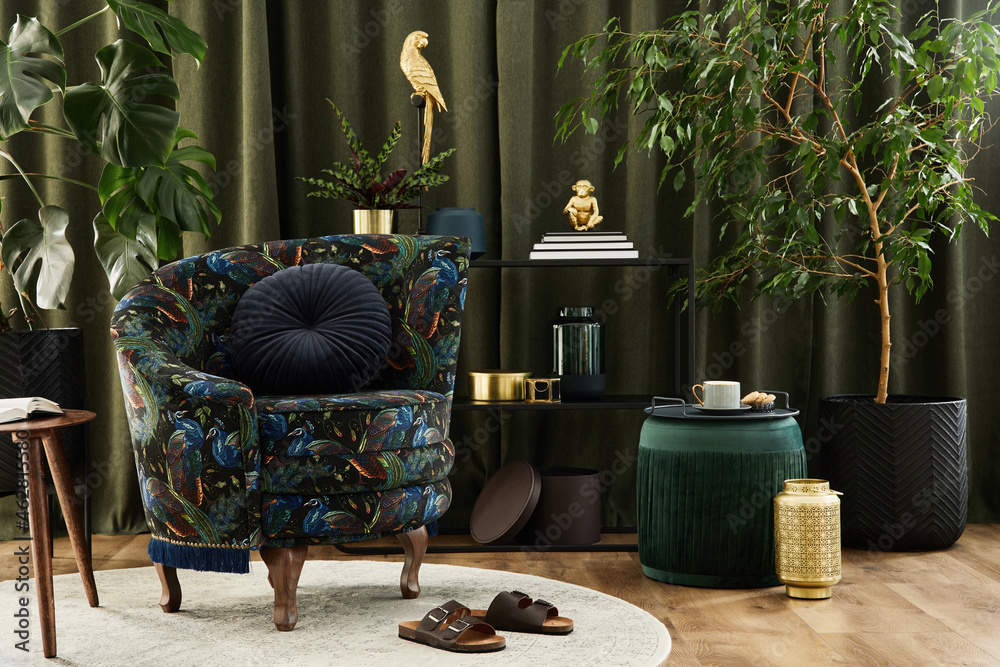 Stylish interior of modern living room with retro design armchair ...