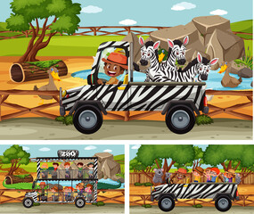 Wall Mural - Different safari scenes with animals and kids cartoon character