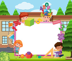 Poster - Empty board with kids and math objects at school scene