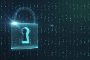 Poster - Abstract digital padlock on gray background with mock up place and binary code. Safety and security concept. 3D Rendering.