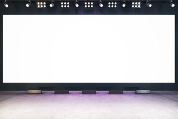 Poster - Clean white rectangular screen in interior with concrete floor. Presentation, movie theater and announcement concept. Mock up, 3D Rendering.