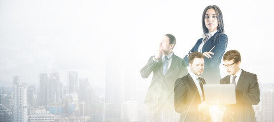 Aufkleber - Businesspeople working together on bright white city background with mock up place. Teamwork and success concept. Double exposure.