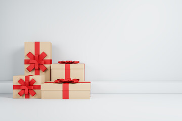 Poster - Red present boxes on white backdrop with mock up place. Birthday, wedding, anniversary and christmas celebration. 3D Rendering.