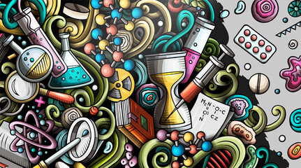 Wall Mural - science hand drawn doodle banner. cartoon detailed flyer.