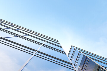 Poster - Low angle view of futuristic modern architecture, Skyscraper of corporate office building, 3D rendering.