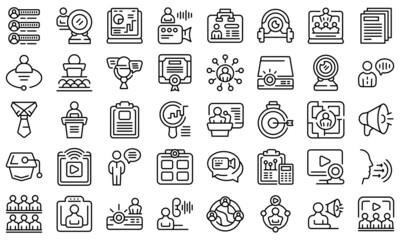 Poster - Conference icons set outline vector. Virtual zoom. Online work
