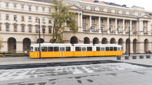 Panning View Of An Old Yellow Tram In The City, Budapest, Hungary