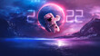 © MiaStendal - Futuristic fantasy landscape, sci-fi landscape with planet, neon light, cold planet. Flying astronaut. Elements of this image courtesy of NASA. 3d illustration.